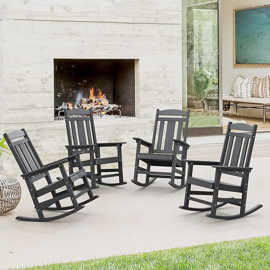 LUE BONA Outdoor Rocking Chairs Set of 4, Weather Resistant HDPS Poly Rocker Chairs, 350lb Heavy Duty, Oversized Porch Rocker for Adult, High Back Smooth Rocking Chairs for Outdoor & Indoor, Gray