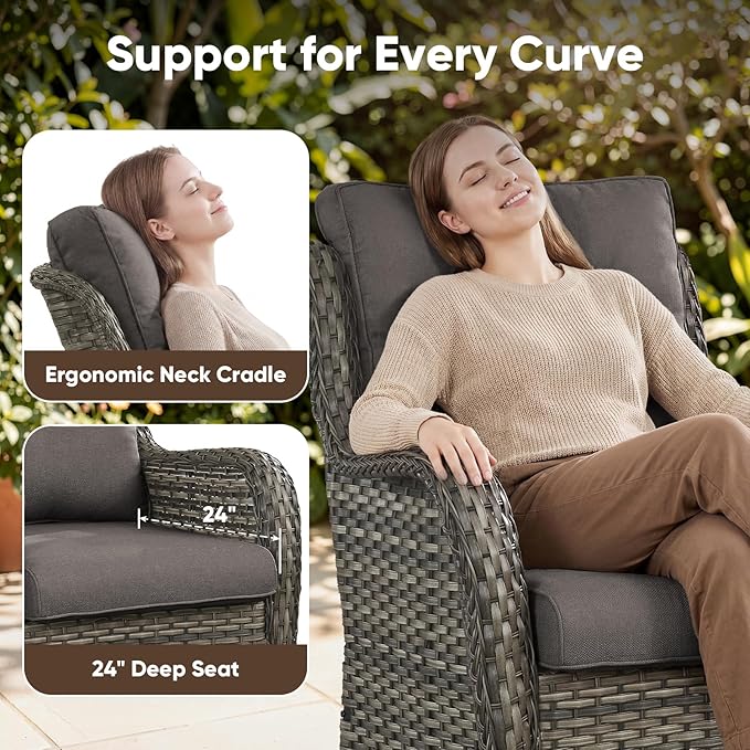 Belord 3 PCS Patio Furniture Set - Mixed Grey Wicker Swivel Rocking Chair Set with Side Table - Photo 4