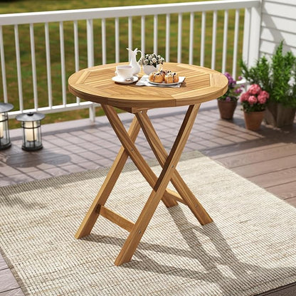 Tangkula 27.5" Teak Wood Patio Dining Table, Round Outdoor Bistro Table with Slatted Tabletop, Sturdy X-Shaped Frame, Wood Outside Table for Backyard, Poolside, Garden, Lawn, Natural