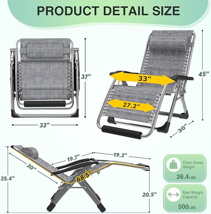 Suteck Oversized Zero Gravity Chair, 33In XXL Lounge Chair w/Removable Cushion&Headrest - Photo 2