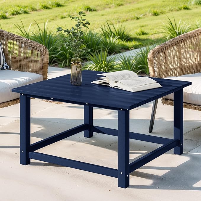 Costaelm Patio Conversation Table, Tatio Accent HDPE Outdoor Weather Resistant, Square Outdoor Porch Balcony Patio Drink Table for Outside, Pool, Backyard, Navy Blue