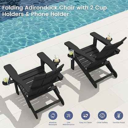 SERWALL Adirondack Chair with Dual Cup Holders, Folding Modern Adirondack Chair, HDPE Outdoor Fire Pit Chair for All Weather Using, Black