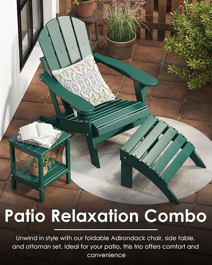 GREENVINES Folding-Adirondack-Chairs-Set-of-4 | HDPE Plastic | Fire Pit Chair | All Weather | Cup Holder | Forest | for Deck Backyard Patio Outdoor Garden