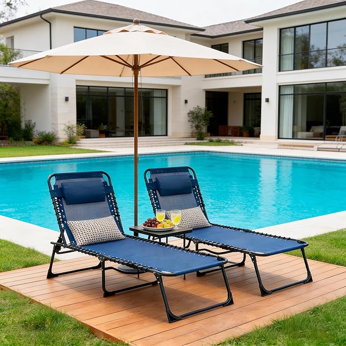 Folding Chaise Lounge Chair, Patio Teslin Tanning Chair, Outdoor Beach Lounge Chair with 5-Position Reclining Back, Breathable Mesh Seat for Beach, Poolside, Patio Sunbathing Navy Blue