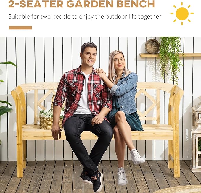 Outsunny Wooden Patio Bench, Outdoor Garden Bench with Backrest and Armrests, 3 Person Porch Bench with Rustic Country Diamond Pattern, Natural