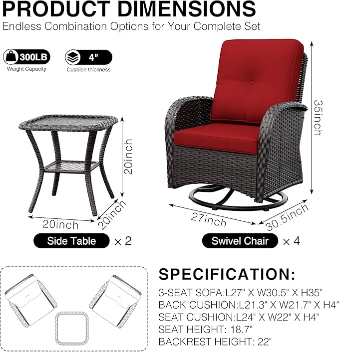 Joyside Wicker Patio Furniture Set, 6 Piece Outdoor Furniture Set with Thickened Cushions, High Back, Deep Seating, Wide Armrest, Outdoor Swivel Rocker Chairs for Porch, Deck