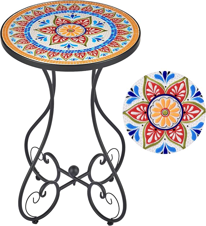 VONLUCE Outdoor Side Table and Mosaic Plant Stand, Round End Table with 14" Ceramic Tile Top for Patio Porch Decor, 21" Tall Indoor Outdoor Accent Table, Small Coffee Table for Home Garden, Ukrainian