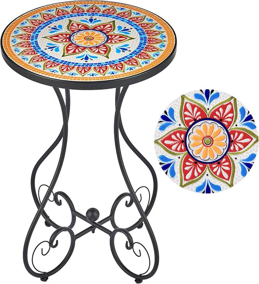 VONLUCE Outdoor Side Table and Mosaic Plant Stand, Round End Table with 14" Ceramic Tile Top for Patio Porch Decor, 21" Tall Indoor Outdoor Accent Table, Small Coffee Table for Home Garden, Ukrainian
