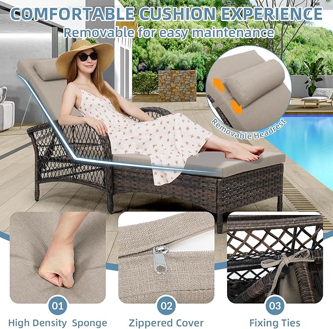 Outdoor Chaise Lounge Chair Set of 2, PE Wicker Recliner Patio Reclining Sunbathing Chair with Cushion - Photo 7