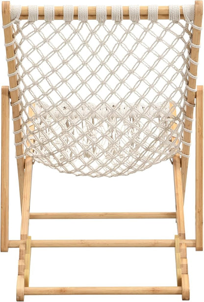 Set of 2 Boho Rope Folding Lounge Chairs – Adjustable Outdoor Macrame Patio Chairs with Bamboo Frame, Portable Deck Chairs for Garden, Porch, Beach, Poolside (Natural)