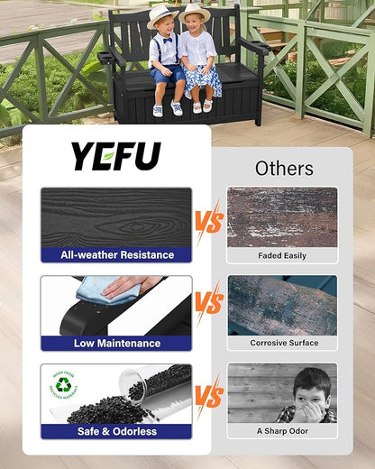 YEFU Outdoor Storage Bench for Patio: Heavy Duty Garden Bench Set of 2 with 96° High Backrest & Oversized Seating - HIPS Weatherproof Patio Bench with Storage for Porch Park Backyard, Black