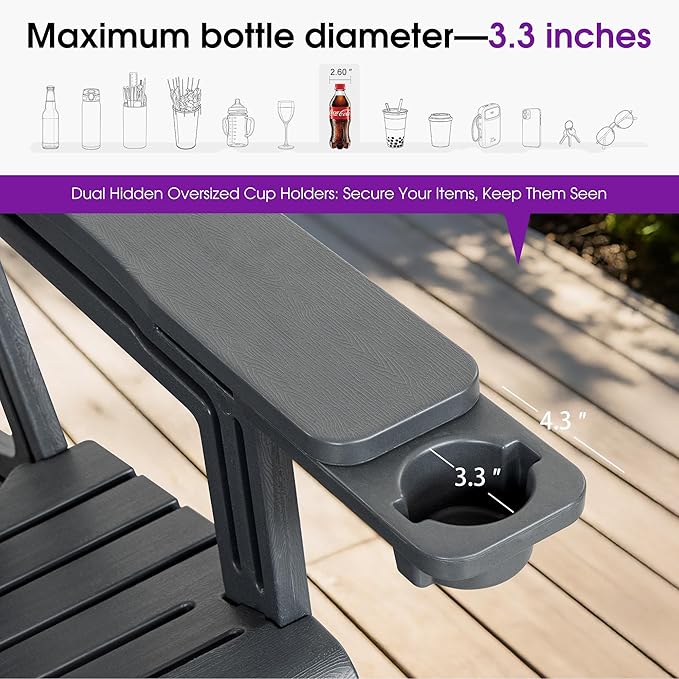 PURPLE LEAF Adirondack Chair with 24.6" Oversized Seat and Dual Cup Holders All Weather Wood-Like HDPE Outdoor Fire Pit Chair for Patio Garden Deck Backyard Porch, Gray