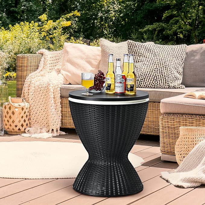 Giantex Outdoor Ice Cooler Side Table with Adjustable Height, 8 Gal Beverage Bucket with Drain Plug, Rattan Patio Bar Table for Poolside, Deck, BBQ & Backyard Parties