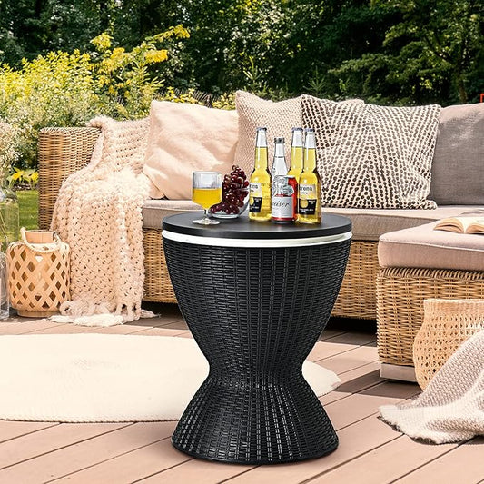 Giantex Outdoor Ice Cooler Side Table with Adjustable Height, 8 Gal Beverage Bucket with Drain Plug, Rattan Patio Bar Table for Poolside, Deck, BBQ & Backyard Parties