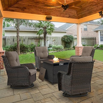 Belord Patio Furniture Set with Fire Pit Table, Outdoor Swivel Rocker Patio Chairs, Wicker Furniture Set Ideal for Porch, Deck, Pool, Yard, SunroomBrown Wicker/Gray