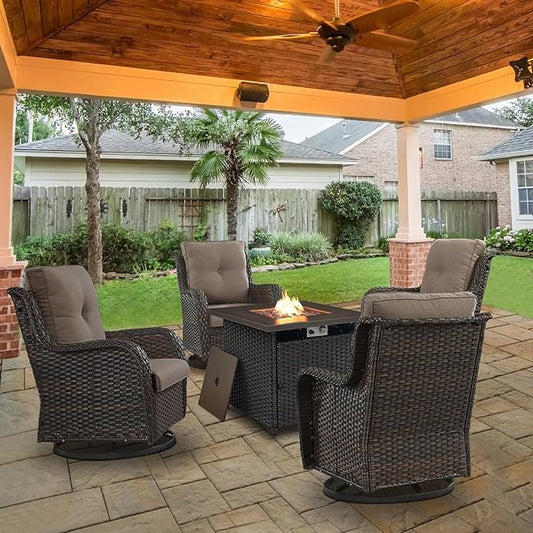 Belord Patio Furniture Set with Fire Pit Table, Outdoor Swivel Rocker Patio Chairs, Wicker Furniture Set Ideal for Porch, Deck, Pool, Yard, SunroomBrown Wicker/Gray