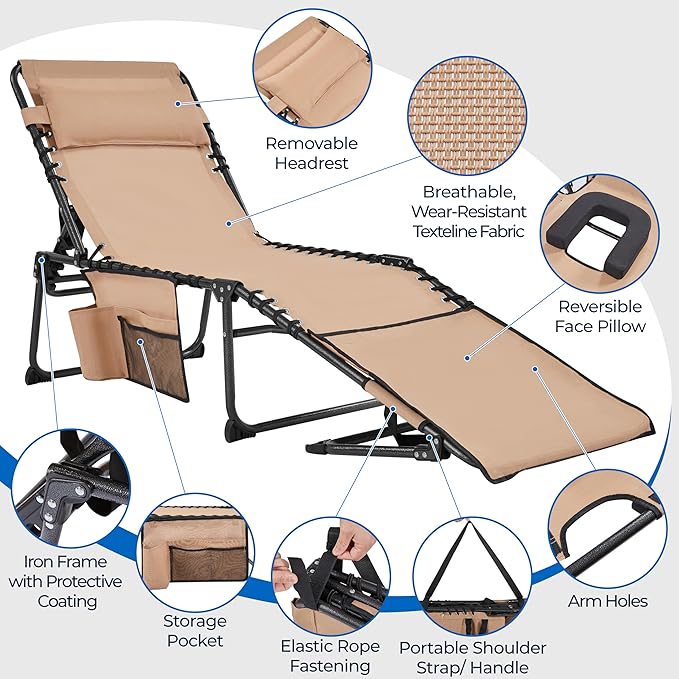 Yaheetech 22.4" Tanning Chair with Face Hole, Adjustable 5-Position Folding Chaise Lounge Chairs, Outdoor Lounge Chairs for Lawn, Beach, Sunbathing, Beige