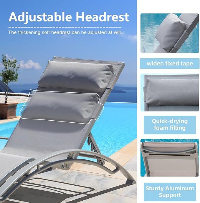 Domi Pool Lounge Chairs Set of 2, Aluminum Adjustable Outdoor Chaise Lounge - Photo 6