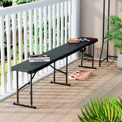 6ft Folding Bench 2 Pack, Plastic Folding Bench for Picnic Camping Dining Party Garden, 6 feet Foldable Benches for Soccer Multipurpose Entertaining Activities, Smooth HDPE Tabletop, Black