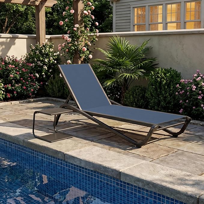 Kingdura Chaise Lounge Chairs Set for Pool, Aluminum Outdoor Lounge Chairs with 5 Positions Recliner, Lightweight Pool Lounger Lounge Chairs for Outside Patio Deck Poolside (Navy Blue, 1 Chair)