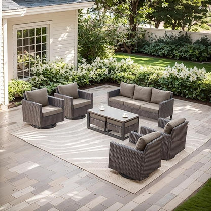 Rilyson Wicker Outdoor Patio Furniture Set - 8 Piece Patio Conversation Set with 4 Swivel Rocker Chairs,2 Rattan Ottoman,1 Couch and 1 Metal Coffee Table for Outside Porch Deck Backyard(Brown/Grey)