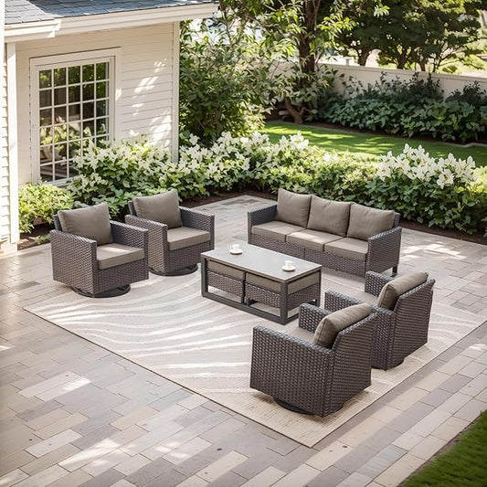 Rilyson Wicker Outdoor Patio Furniture Set - 8 Piece Patio Conversation Set with 4 Swivel Rocker Chairs,2 Rattan Ottoman,1 Couch and 1 Metal Coffee Table for Outside Porch Deck Backyard(Brown/Grey)