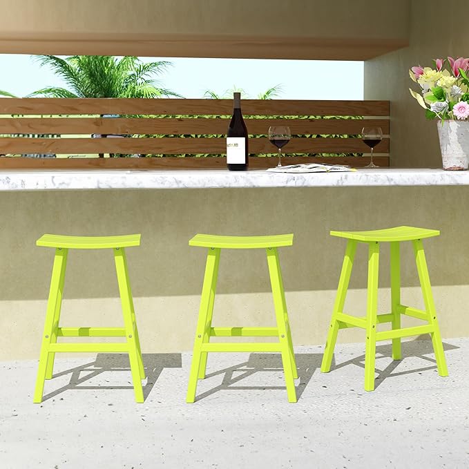 Costaelm All-Weather Bar Stools Set of 3, 29" Height Outdoor Bar Stools, Adirondack Poly Patio Bar Stool for Patio, Deck, Kitchen Counter and Garden, Lime