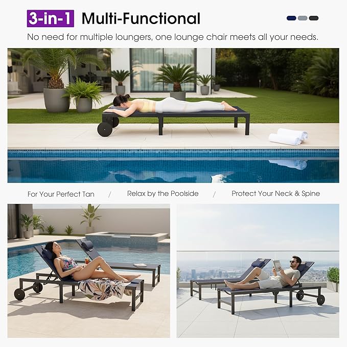 PURPLE LEAF Outdoor Tanning Lounge Chair Set with Face Hole Aluminum Adjustable Chairs Wheels Pillows and Table for Poolside Beach Patio Reclining Sunbathing Lounger Navy Blue
