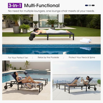 PURPLE LEAF Outdoor Tanning Lounge Chair Set with Face Hole Aluminum Adjustable Chairs Wheels Pillows and Table for Poolside Beach Patio Reclining Sunbathing Lounger Navy Blue