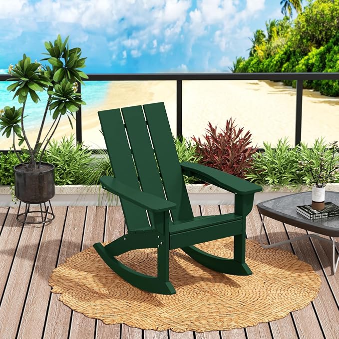 Costaelm Outdoor Adirondack Chair, All Weather Resistant Lawn Chairs Balcony Chair and Fire Pit Chairs, Patio Chair Outdoor Porch Rocking Chair High Back HDPE Poly Lumber, Dark Green