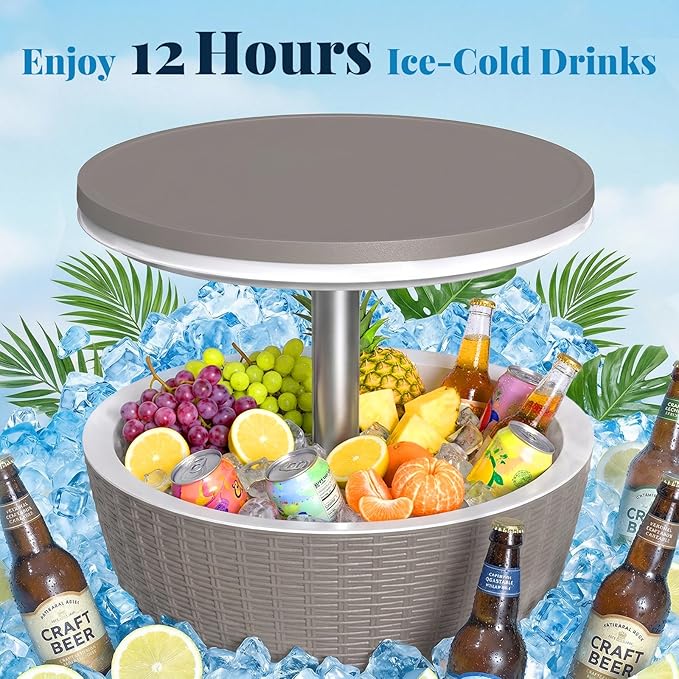 EFU Cooler Table, 8 Gallon Cooler Bar Table, Adjustable Height Multi-Functional Outdoor Cool Bar for Drinks Beer & Wine, with Drain Plug, Patio Furniture for Backyard, Pool, BBQ & Party (Light Brown)