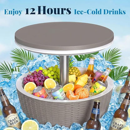 EFU Cooler Table, 8 Gallon Cooler Bar Table, Adjustable Height Multi-Functional Outdoor Cool Bar for Drinks Beer & Wine, with Drain Plug, Patio Furniture for Backyard, Pool, BBQ & Party (Light Brown)