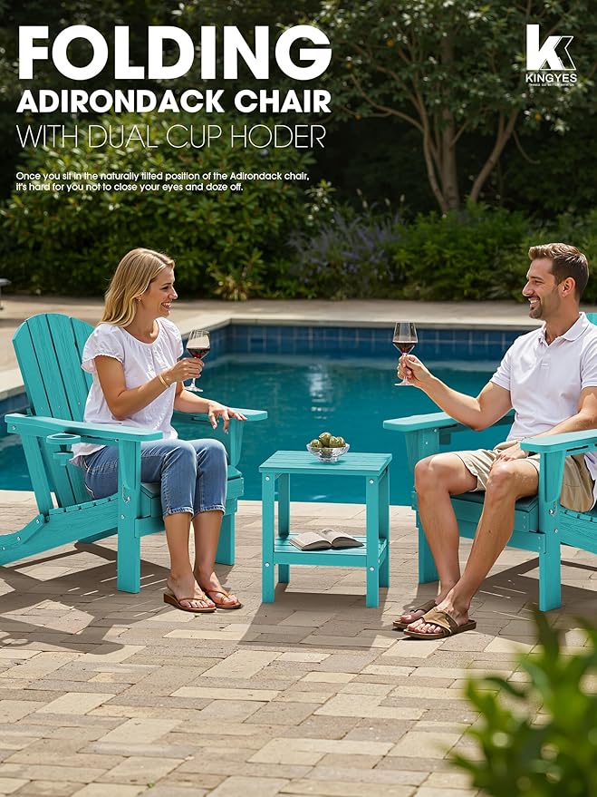KINGYES Folding Adirondack Chair Set of 4, Dual Cup Holders & All-Weather HDPE, Wood-Like Patio Chair for Backyard, Camping, Pool & Fire Pit, Aruba