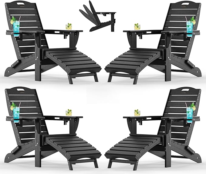 Ciokea Folding Adirondack Chair Set of 4 with Retractable Ottoman Fire Pit Patio Chair with Pull Out Foot Rest Weather - Photo 1