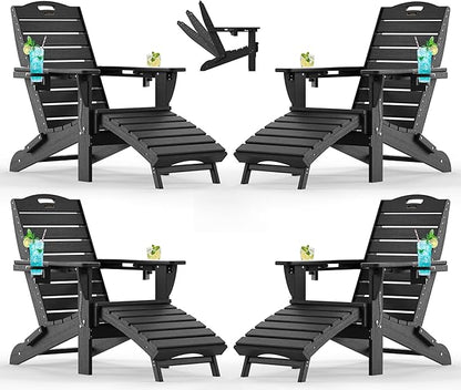 Ciokea Folding Adirondack Chair Set of 4 with Retractable Ottoman Fire Pit Patio Chair with Pull Out Foot Rest Weather Resistant Lawn Outdoor Chair with 2 Cup Holder (Black)