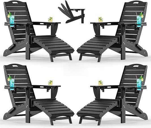 Ciokea Folding Adirondack Chair Set of 4 with Retractable Ottoman Fire Pit Patio Chair with Pull Out Foot Rest Weather Resistant Lawn Outdoor Chair with 2 Cup Holder (Black)