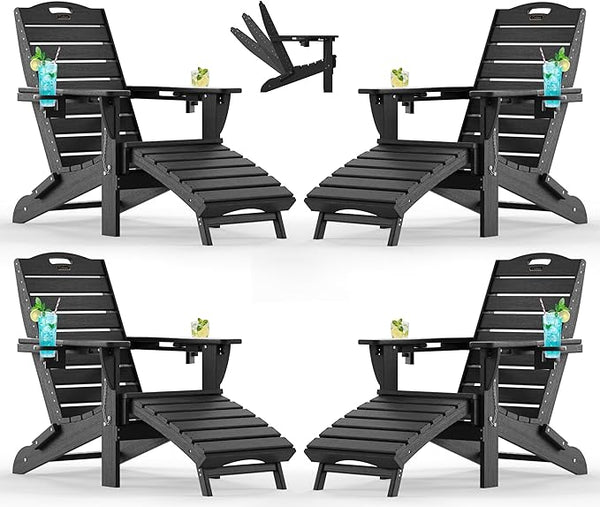Ciokea Folding Adirondack Chair Set of 4 with Retractable Ottoman Fire Pit Patio Chair with Pull Out Foot Rest Weather - Photo 1