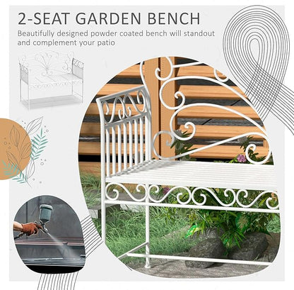 45in Cast Iron Classic Garden Bench Cream White Finish Durable Rust Resistant Weatherproof Heavy Duty Premium Construction