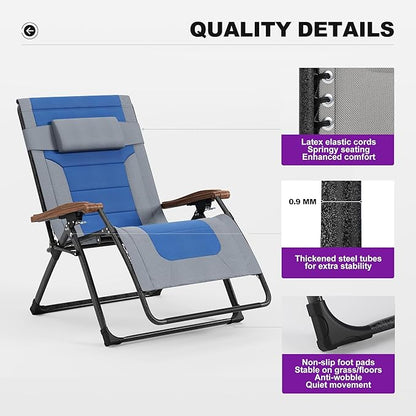 PURPLE LEAF Extra Wide Outdoor Reclining Chair Set of 2 Patio Zero Gravity Chaise Lounge Folding Chair with Quilted Cushion Adjustable Headrest for Lawn Camping Beach Pool Grey and Navy Blue
