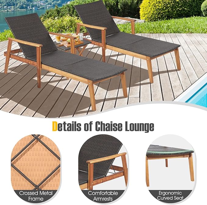 Tangkula 2 Piece Patio Chaise Lounge & Table Set, Outdoor Rattan Recliner w/Folding Side Table, 4-Level Adjustable Backrest, Solid Acacia Wood Frame, Recliner & Table Set for Backyard (Mix Brown)