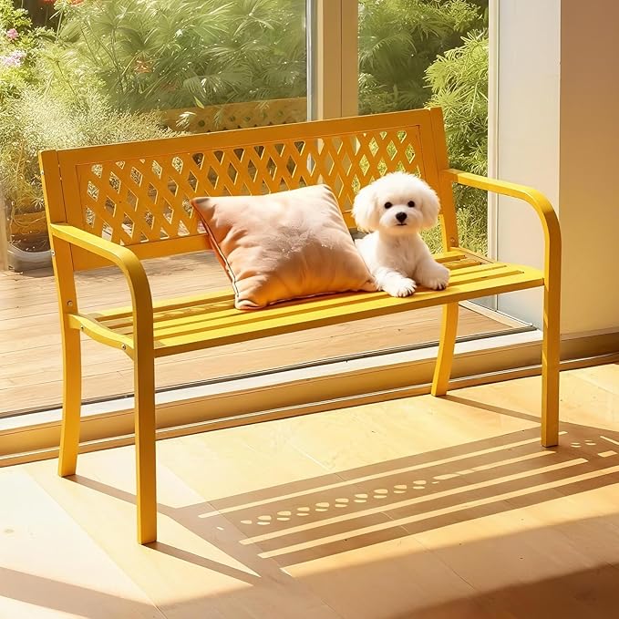 Yellow Garden Bench 47 inch Iron PVC, Outdoor Patio Bench, All-Weather Black Bench for Porch, Lawn, Backyard (Yellow) Patio Park Outside Benches for Front Porch, Patio Seating Benchs