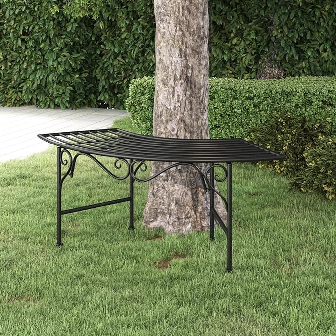 Tree Bench 113 cm Black Steel Outdoor Arc-Shaped Garden Patio Seating for Trees – Weather-Resistant Metal Bench, No Cushion, Assembly Required