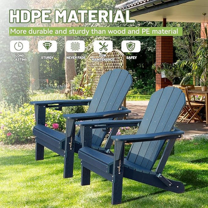 GOWE Adirondack Chairs Set of 2, Plastic Adirondack Chair, Adirondack Chairs, HDPE Adirondack Chair, Folding Adirondack Chairs, Outdoor Chairs with Cup Holder for Lawn Patio Deck Fire Pit -Dark Blue