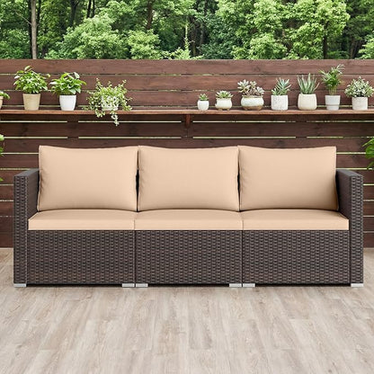 Tangkula 3 Seat Outdoor Wicker Sofa Set, Modular PE Rattan Patio Cushioned Sectional Couch Set, Outside Furniture Set for Deck, Backyard, Porch, Garden & Poolside (Brown-Beige)