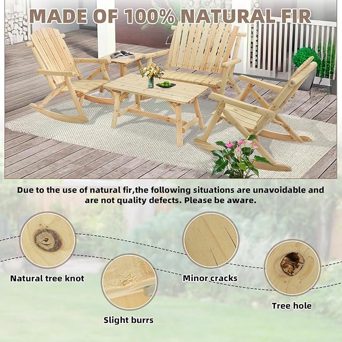 5-Piece Outdoor Log Wood Rocking Set, Rustic Wooden Conversation Set Including 2-Seater Loveseat, 2 Coffee Tables, 2 Log Rocker Chairs, Patio Furniture Chair Set for Garden, Lawn Yard, Natural