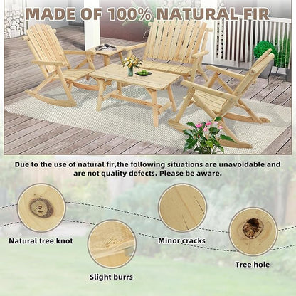 5-Piece Outdoor Log Wood Rocking Set, Rustic Wooden Conversation Set Including 2-Seater Loveseat, 2 Coffee Tables, 2 Log Rocker Chairs, Patio Furniture Chair Set for Garden, Lawn Yard, Natural