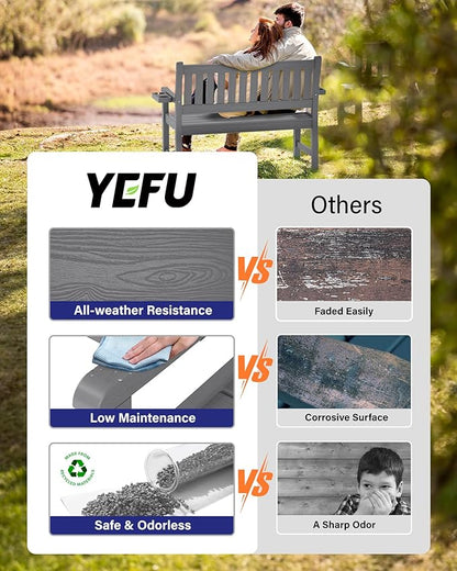 YEFU Outdoor Bench for Patio Waterproof: Heavy Duty 2-Person Garden Bench with 2 Cup Holders & Oversized Seating - HIPS Weatherproof Patio Benches for Front Porch Backyard Park, Grey