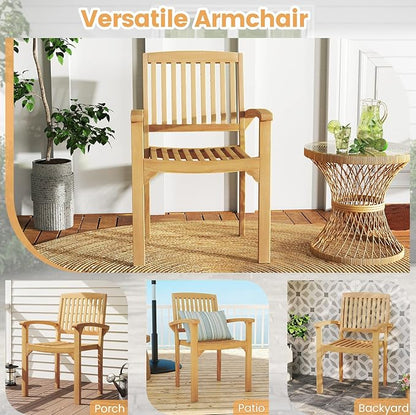 Tangkula Outdoor Patio Wood Dining Chair, Teak Wood Armchair with Slatted Seat & Curved Seat, Ergonomic Armrests, Solid Wooden Legs, for Balcony, Poolside, Porch, Yard (4)