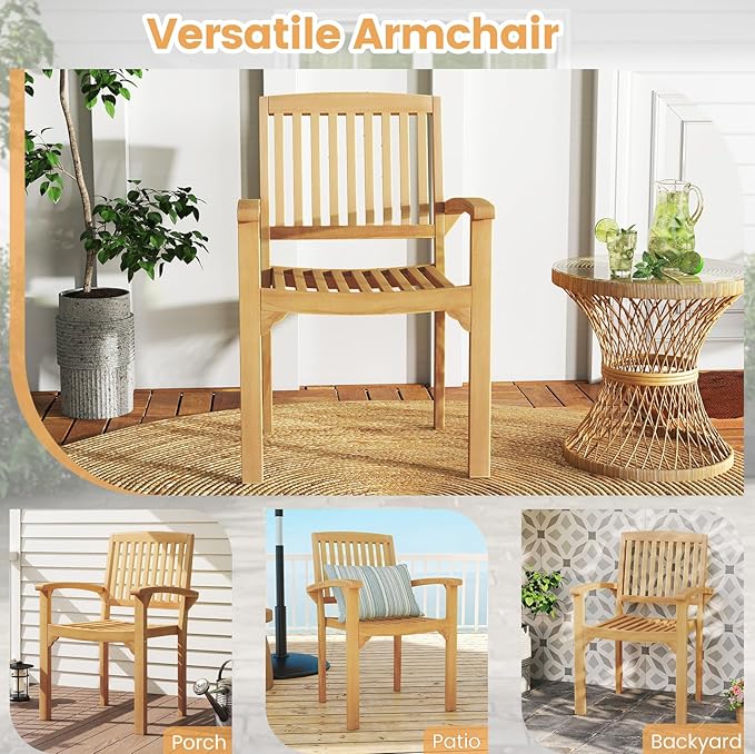 Tangkula Outdoor Patio Wood Dining Chair, Teak Wood Armchair with Slatted Seat & Curved Seat, Ergonomic Armrests, Solid Wooden Legs, for Balcony, Poolside, Porch, Yard (2)