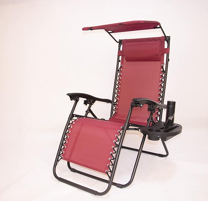 BTEXPERT Set of 2, Adjustable Steel Mesh Zero Gravity Lounge Chairs Case Outdoor Patio Recliner Beach Yard Garden with Pillow Sunshade Utility Tray Cup Holder (Red Burgundy with Canopy)